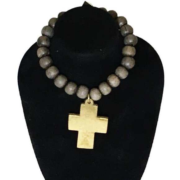 Catholic/Christian Wooden Bead Stretch Bracelet with Brass Cross - Picture 2 of 2